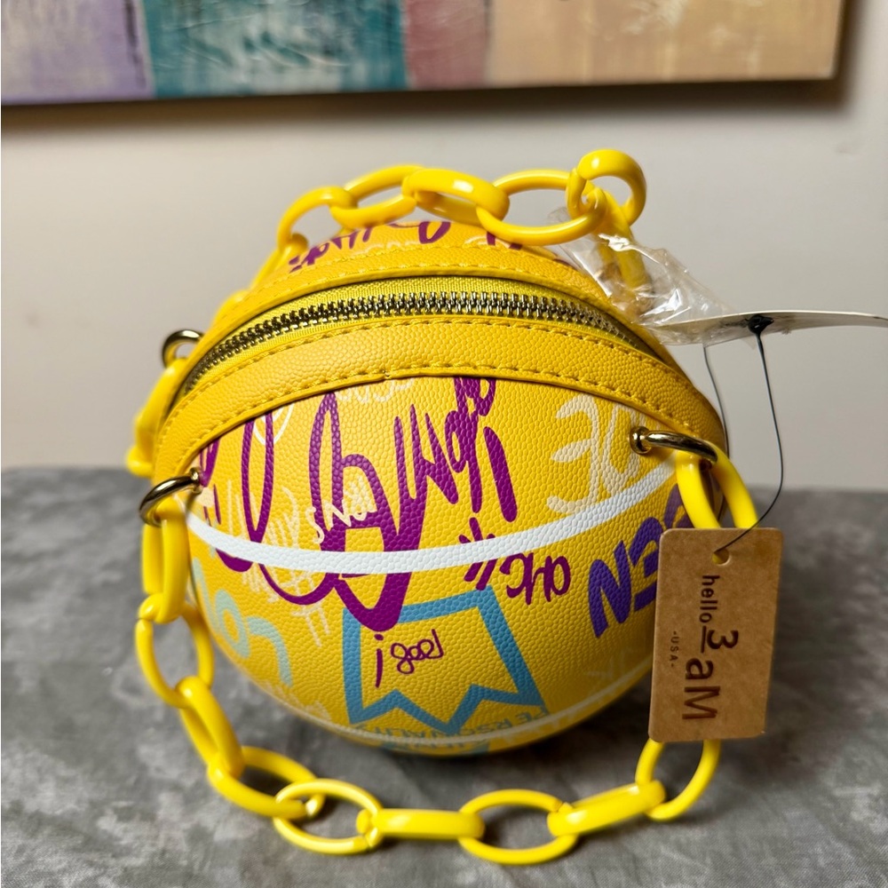 Brand New Yellow Graphic Round Bag with Chain - Picture 9 of 14